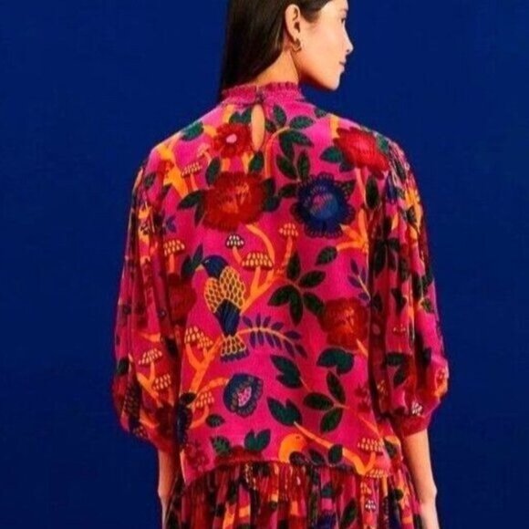 Farm Rio Blouse S Pink Sweet Forest Lace Tropical Floral High Neck Pin - Picture 5 of 15